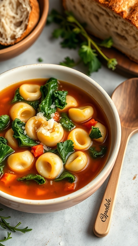 A bowl of kale and tortellini soup with Parmesan cheese, served with bread in a cozy kitchen.